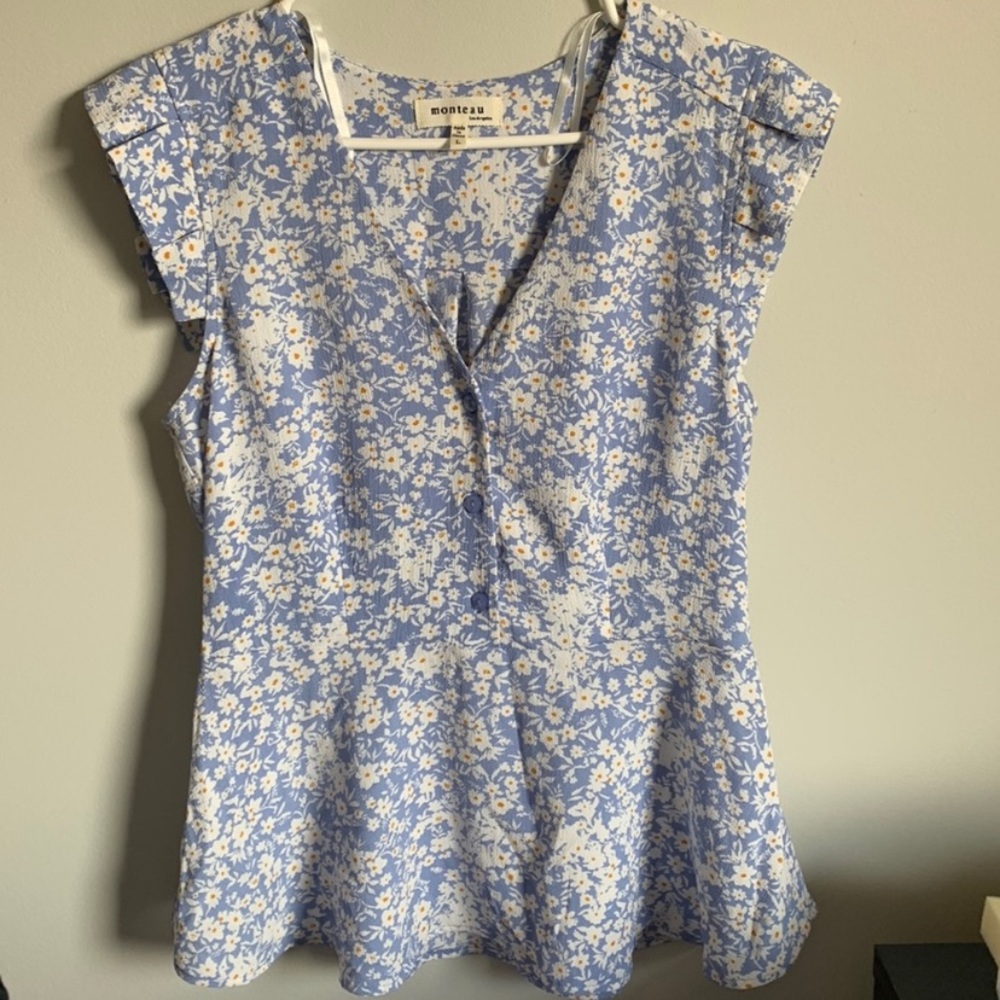 Monteau Blue and White Peplum Blouse with Cap Sleeves